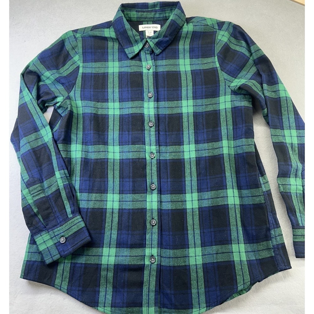 Lands End Womens Small P Blue Plaid Flannel Button Down Shirt Long Sleeve - Picture 6 of 9